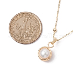 Round Natural Freshwater Pearl Copper Wire Wrapped Pendant Necklaces&nbsp;NJEW-JN04947-03