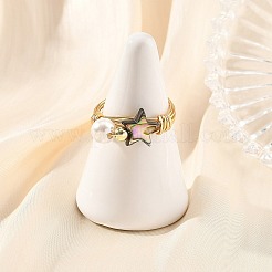 Eco-Friendly Copper Wire with Natural Abalone Shell/Paua Shell Finger Rings&nbsp;RJEW-JR01086-01