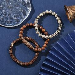 3Pcs 3 Style Natural Dalmatian & Coir Wood Bbeaded Stretch Bracelets Set&nbsp;BJEW-JB09863