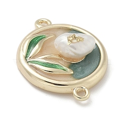 Brass Enamel Flat Round with Rose Connector Charms&nbsp;KK-M308-01G-02