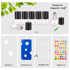 透明なガラスローラーボールボトル24個、スケールとプラスチックカバー付き  コラム  1個のペットボトルオープナー付き  紙ステッカー1枚。  4 個のプラスチック漏斗 & 10 個の移送ピペット  ブラック  3.2x1.6cm  容量：1ml（0.03fl.oz）&nbsp;DIY-BC0006-46