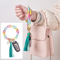 チェーンリンクリストレットキーチェーン  アクリル ブレスレット タッセル キーホルダー  合金パーツ  グリーン  28cm&nbsp;HJEW-SW00013-03