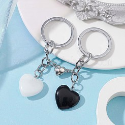 Natural Black Stone & Natural White Jade Heart Keychains&nbsp;KEYC-JKC00548