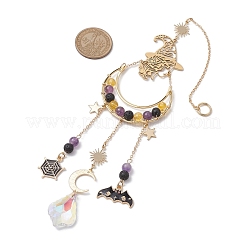 Halloween Natural Amethyst & Lava Rock & Synthetic Citrine Beads & Metal Witch & Moon Hanging Ornaments&nbsp;HJEW-TA00251