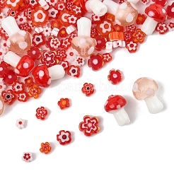 156個 11スタイルの手作りミルフィオリガラスビーズ連売り  花キノコ  レッド  3.7~14x2.5~11mm  穴：0.8~1.5mm&nbsp;LAMP-FS0001-29