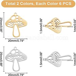 12個2色201ステンレスペンダント  レーザー切断  キノコ  ミックスカラー  25x20x1mm  穴：1.5mm  6個/カラー&nbsp;STAS-UN0030-39