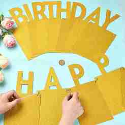 紙のグリッターで飾られた誕生日おめでとう写真吊り下げバナー  紐と針で  壁と背景用の誕生日パーティーの装飾  ゴールド  270x135x0.4mm&nbsp;DIY-FZC0002-04C