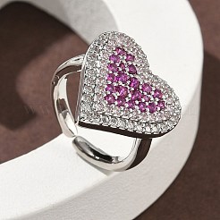 Heart Brass Micro Pave Cubic Zirconia Cuff Rings for Women&nbsp;RJEW-A069-12P