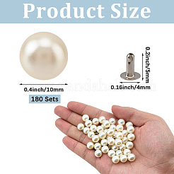 180 個の ABS プラスチック模造パールリベットスタッド  ラウンド  鉄パーツ  ホワイト  10mm&nbsp;KY-CL0001-02C