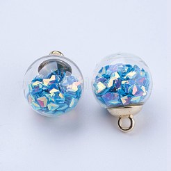 ガラスボールペンダント  ccbプラスチック  ラウンド  ゴールドカラー  空色  21x16mm  穴：2mm&nbsp;GLAA-G052-04G