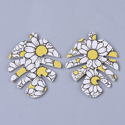 PUレザービッグペンダント  両面印刷  花柄  葉  ゴールド  55x43x2mm  穴：1mm&nbsp;X-FIND-TA0002-A07
