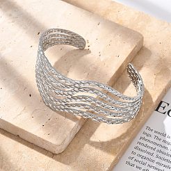 304ステンレススチール製カフバングル  女性用マルチ連バングル  波  ステンレス鋼色  内径：2-1/2x2インチ（6.2x5.1cm）&nbsp;BJEW-B108-12P