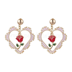 鉄の花のダングルスタッドピアス  ハートのガラス編みペンダント付き  ゴールドカラー  ラベンダー  56x41mm&nbsp;EJEW-MZ00404-02