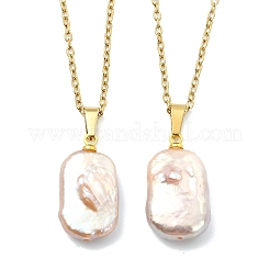 Natural Baroque Keshi Pearl Rectangle Pendant 304 Stainless Steel Cable Chain Necklaces for Women&nbsp;NJEW-JN06136