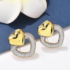 真鍮マイクロペーブクリアキュービックジルコニアスタッドピアス  ラックめっき  長持ちメッキ  鉛フリー＆カドミウムフリー  ハート  18KGP本金メッキ  19.5x16.5mm&nbsp;EJEW-F359-03G-02