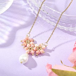 電気メッキ加工のガラスビーズと花のティアドロップ型ペンダント、304ステンレススチール製アズキチェーンネックレス  ゴールドカラー  ミックスカラー  16.54インチ（42cm）&nbsp;NJEW-MZ00156