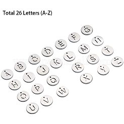 304ステンレススチールチャーム  アルファベット付きフラットラウンド  ステンレス鋼色  a～zの文字  10x1mm  穴：1mm  1個/文字  26個/箱&nbsp;STAS-PH0019-17P