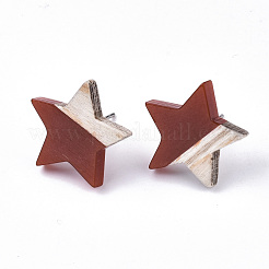 樹脂と木のスタッドピアス  304ステンレスピン付き  スター  ココナッツブラウン  17x18mm  ピン：0.7mm&nbsp;EJEW-N017-001A-C04