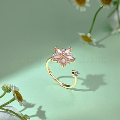 スターリングシルバーのオープンフィンガーリング 925 個  女性用キュービックジルコニア付き  桃の花 不安 心配 フィジェット スピナー リング  18KGP本金メッキ  1.5mm  usサイズ7（17.3mm）&nbsp;RJEW-A019-48G