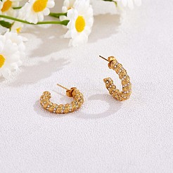 キュービックジルコニアC字型スタッドピアス  金メッキ 304 ステンレススチール ハーフフープピアス 女性用  透明  22x4mm&nbsp;JE952B