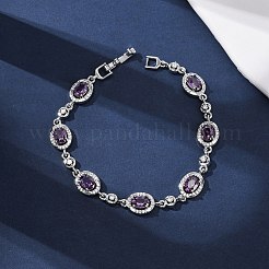オーバル真鍮マイクロパヴェキュービックジルコニアリンクチェーンブレスレット（女性用）  ラックめっき  長持ちメッキ  カドミウムフリー＆鉛フリー  プラチナ  7-1/4インチ（18.5cm）&nbsp;BJEW-D387-04P