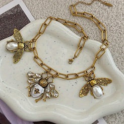 Alloy Crystal Rhinestone Bees Pendant Bib Pendant Necklaces with Imitation Pearl&nbsp;FS-WGD3FB1-01