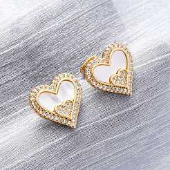 Heart Brass Micro Pave Clear Cubic Zirconia Stud Earrings&nbsp;KK-D363-12A-G