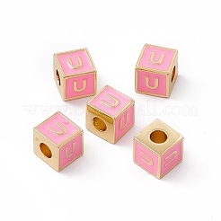 メッキ真鍮エナメルビーズラック  カドミウムフリー＆ニッケルフリー＆鉛フリー  18KGP本金メッキ  文字付きのキューブ  パールピンク  文字.u  6x6x6mm  穴：2.5mm&nbsp;KK-B060-04G-05U