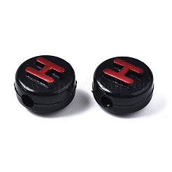 不透明な黒のアクリルビーズ  ランダムな文字でフラットラウンド  ファイヤーブリック  9.5x6mm  穴：2mm&nbsp;X-MACR-Q242-009D