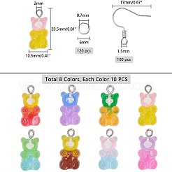 DIYクマ樹脂ダングル作成キット  樹脂ペンダントと真鍮ピアスフック付き  ミックスカラー  ペンダント：20.5x10.5x6.5mm  穴：2mm  8色  10個/カラー  80個/セット&nbsp;DIY-NB0004-25P