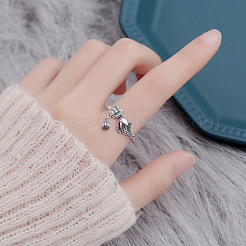 蓮と鯉 925 スターリングシルバー 調節可能な女性用指輪  アンティークシルバー  8mm  内径: 調節可能&nbsp;FS-WG36D80-01