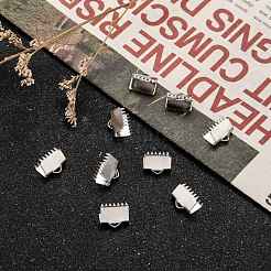 変色しにくい304ステンレススチールリボンカシメエンドパーツ  ステンレス鋼色  9.5x10.5mm  穴：3x2mm&nbsp;STAS-E103-08C