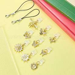 3 個のプラスチックモバイル防塵プラグ  真鍮のペンダントとコードループ付き  花  ゴールドカラー  29~34mm&nbsp;HJEW-SW00230-04