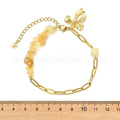 Heated Natural Citrine Chip Beads 304 Stainless Steel Paperclip Chain Bracelets with Alloy Bowknot Charms&nbsp;BJEW-JB14187-02