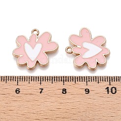 メッキ合金エナメルチャームラック  ゴールドカラー  ハートチャーム付きの花  ピンク  18.5x20.5x1.5mm  穴：1.6mm&nbsp;ENAM-N056-344D
