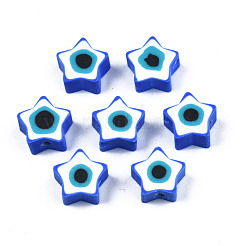 手作り樹脂粘土ビーズ  ナザールボンジュウ付きスター  ブルー  9x9x3.5~4.5mm  穴：1.4mm&nbsp;CLAY-T019-09D