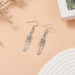 スケルトン チベット スタイル アロイ ダングル イヤリング  女性用304ステンレスジュエリー  アンティークシルバー＆ステンレス鋼の色  56mm  ピン：0.8mm&nbsp;EJEW-JE05193