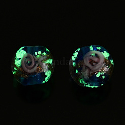 明るい手作りの金の砂のランプワークビーズ  暗闇で光る  花の丸  ブルー  10x9mm  穴：1.6mm&nbsp;LAMP-T021-03O