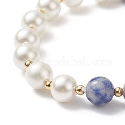 Round Natural Blue Spot Jasper & Shell Pearl Beaded Stretch Bracelet&nbsp;BJEW-TA00191-01