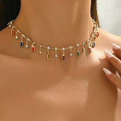 Brass Colorful Rhinestone Rainbow Rectangle Tassel Choker Necklaces for Women&nbsp;WG894E5-01