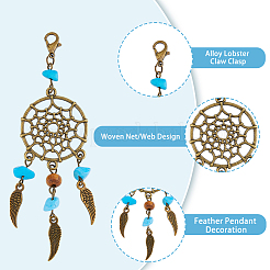 Tibetan Style Alloy & Gemstone Chip Woven Net/Web with Feather Pendant Decoration&nbsp;HJEW-AB00526