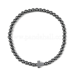 Synthetic Non-magnetic Hematite Round and Religion Cross Beaded Stretch Bracelets for Men&nbsp;BJEW-JB14406-02