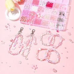 ガラスとアクリルビーズを使った携帯ストラップのDIYキット  ピンク  2.5~21.5x0.8~22x0.8~8mm  穴：0.8~4mm&nbsp;DIY-FS0007-86