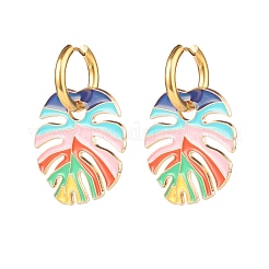 Monstera Leaf Enamel Charm Dangle Hoop Earrings&nbsp;EJEW-JE04853