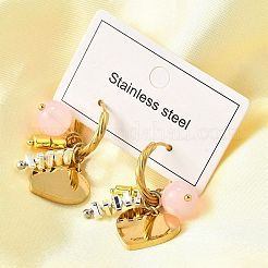 304ステンレススチールガラスビーズフープピアス  ハート  イオンプレーティング（ip）  プラチナ·ゴールデン  36x17x17mm&nbsp;EJEW-D308-08PG