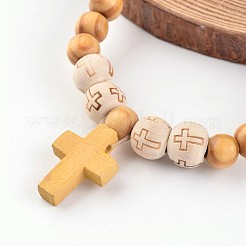 Cross Wood Beaded Stretch Charm Bracelets&nbsp;X-BJEW-JB02220