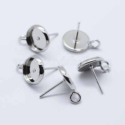 真鍮のスタッドのピアスのセッティング  カン付き  フラットラウンド  プラチナ  トレイ：8mm  14x10mm  穴：2mm  ピン：0.8mm&nbsp;KK-P131-01A-8mm-P-1