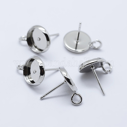 真鍮のスタッドのピアスのセッティング  カン付き  フラットラウンド  プラチナ  トレイ：8mm  14x10mm  穴：2mm  ピン：0.8mm&nbsp;KK-P131-01A-8mm-P-1