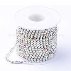 Brass Rhinestone Strass Chains, with Spool, Rhinestone Cup Chains, Silver Color Plated, Crystal AB, 3.5mm, about 10yards/roll