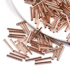 Electroplate Glass Bugle Beads, Round Hole, Metallic Colours, Rose Gold Plated, 17.5~20x1.5~2.5mm, Hole: 0.5~1mm, about 2250pcs/bag
